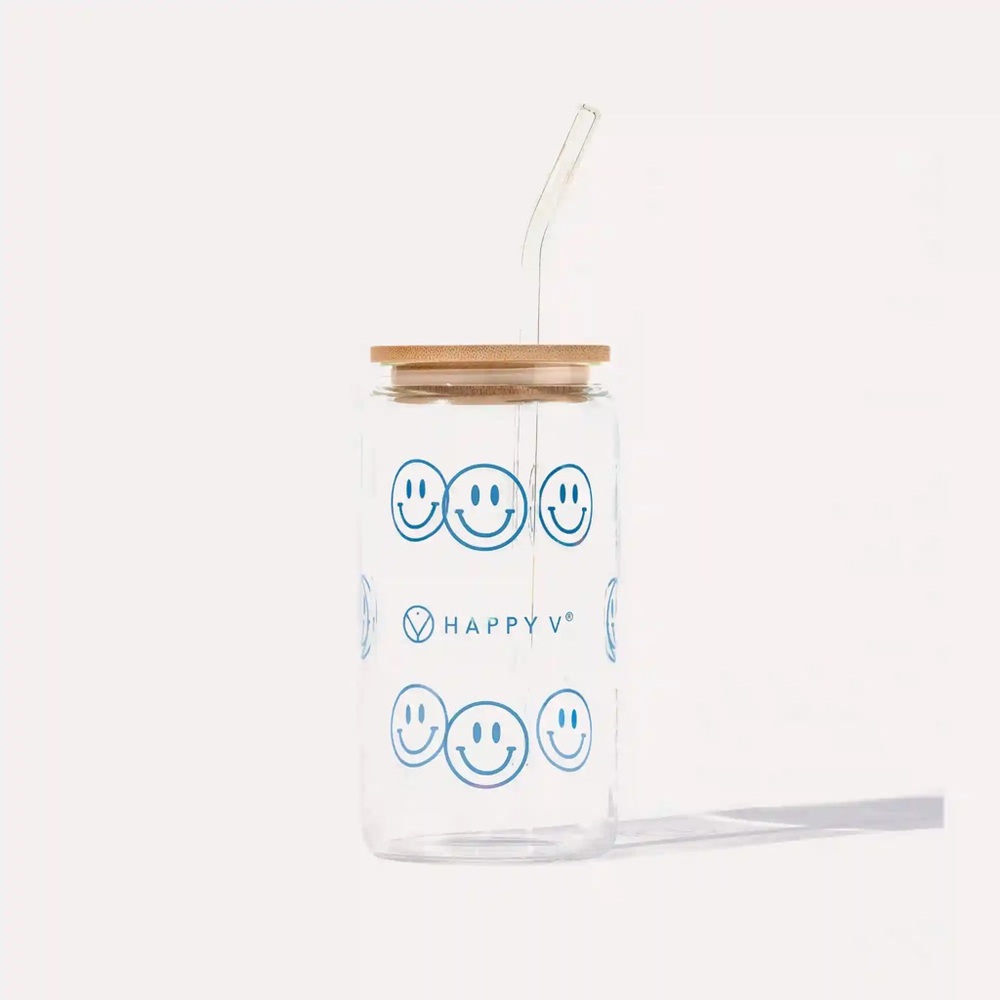 Blue Smiley Face Glass Tumbler with Straw